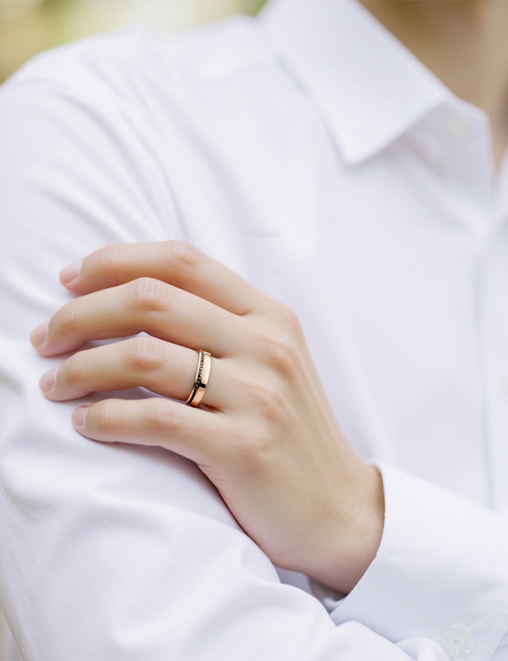 Men’s wedding band in 18k rose gold set with black diamonds, modern and refined design by D.Bachet.