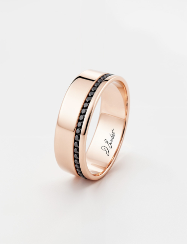 Refined rose gold men’s ring with offset black diamonds.