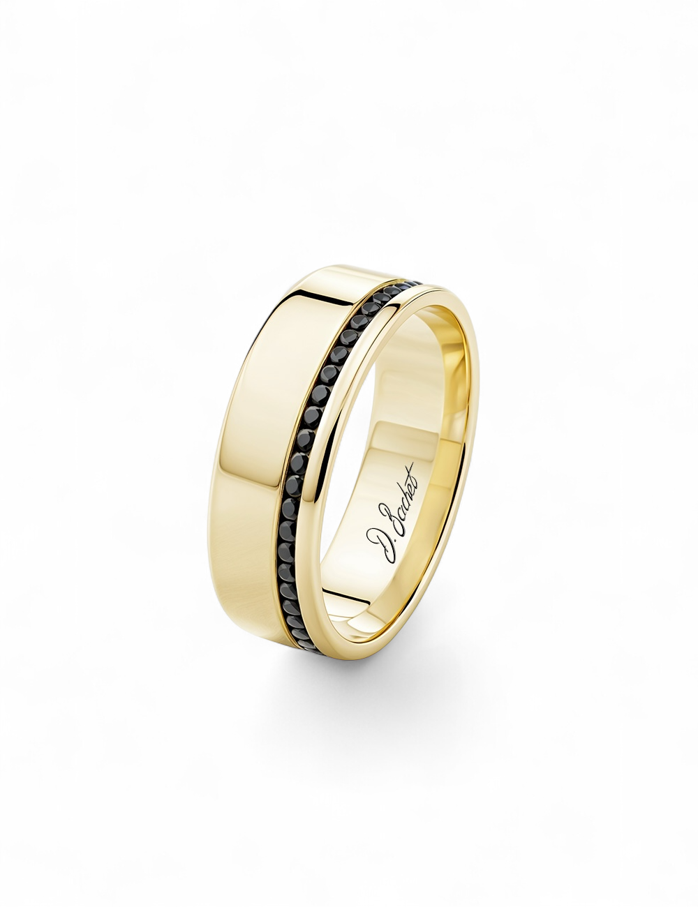 Alliance homme en or jaune 18 carats, design moderne, ligne de diamants noirs en contraste.