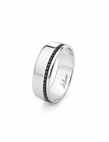 Bague de mariage homme en platine, design plat et graphique, serti de diamants noirs.