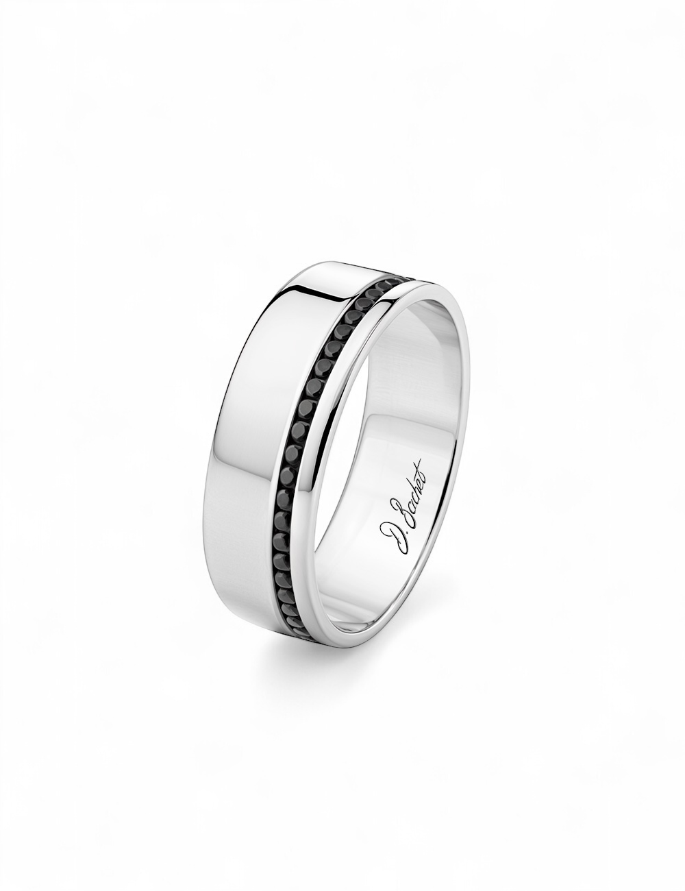 Bague de mariage homme en platine, design plat et graphique, serti de diamants noirs.