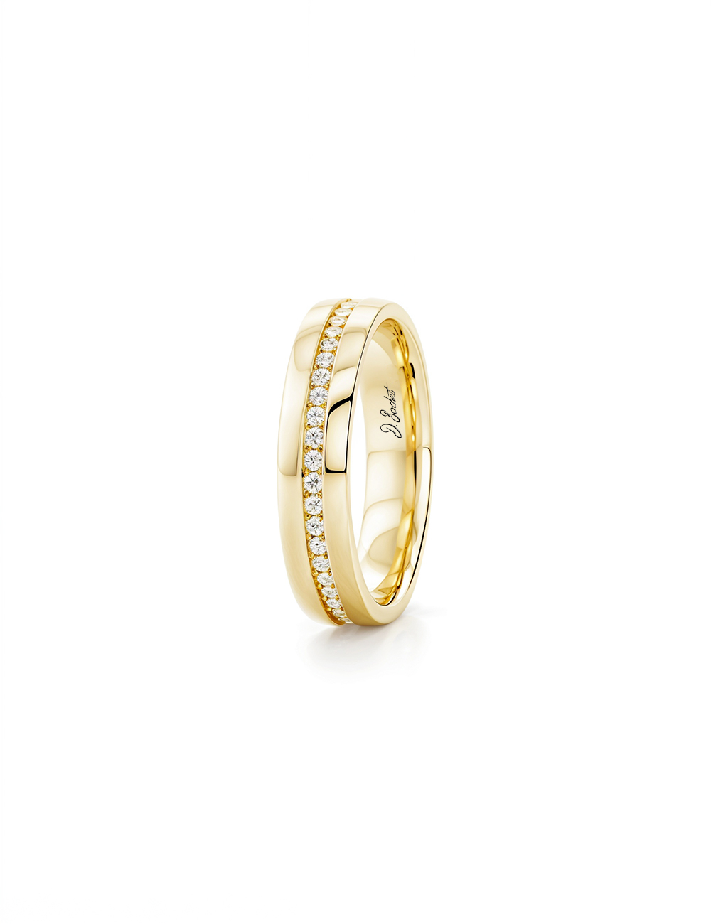 Alliance femme en or jaune sertie de diamants blancs, style contemporain et raffiné.