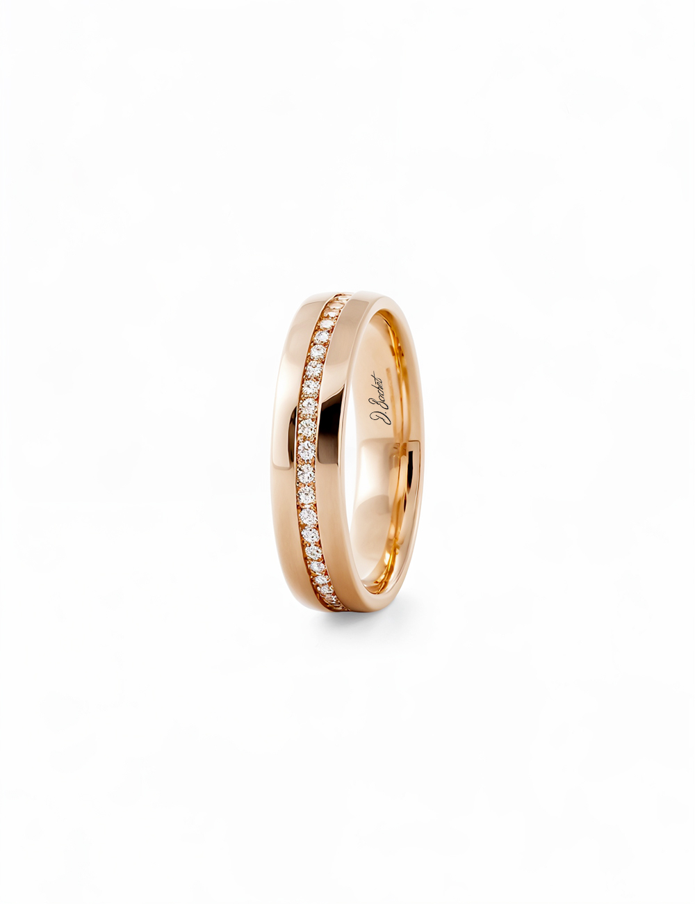 Modern rose gold wedding band for women with white diamonds, soft and radiant look.