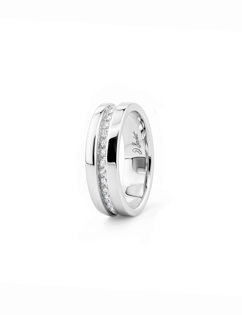 Alliance femme en platine, diamants blancs sertis grain sur un niveau inférieur au centre.