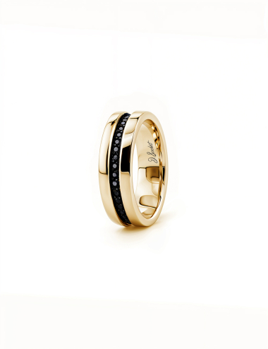 Men’s yellow gold ring with black diamonds, bold sculptural lines. D.Bachet luxury jewelry