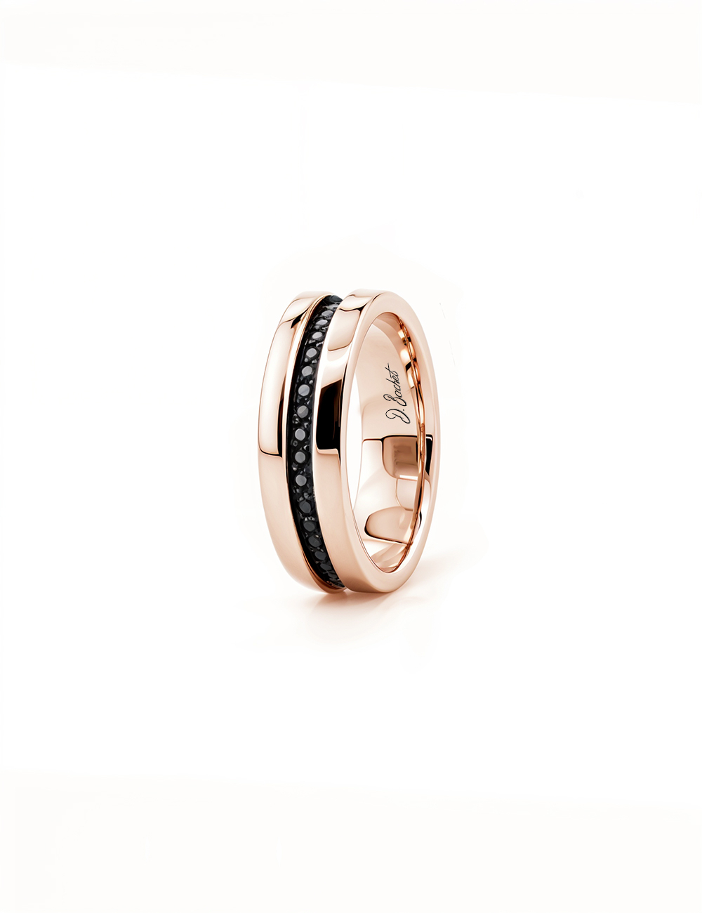 Men’s rose gold ring with black diamonds, strong contrast and graphic style. D.Bachet jewelry