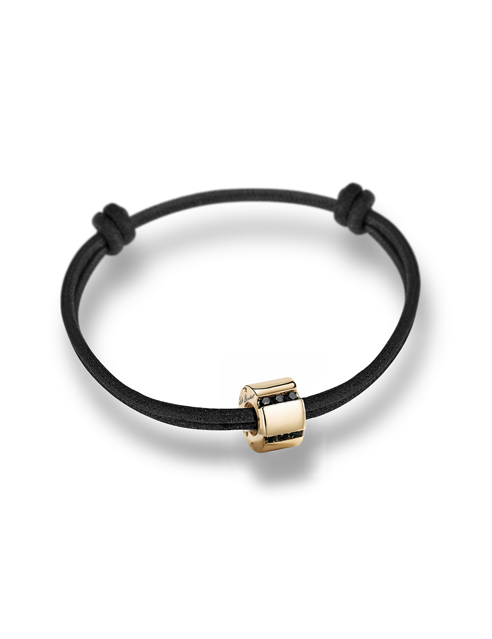 Bracelet masculin en or jaune 18k, serti de diamants noirs, cordon noir avec nœuds réglables.
