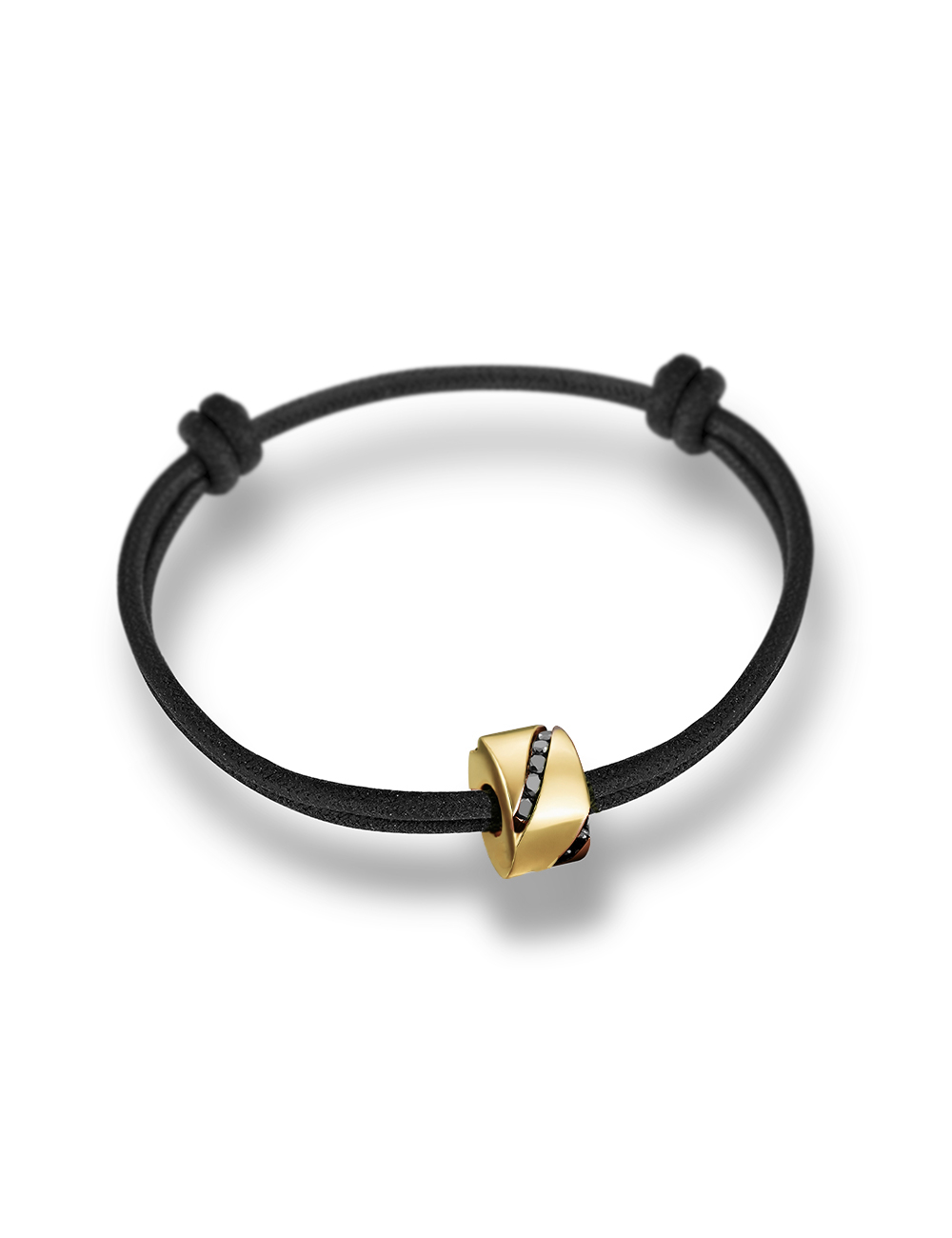 Minimalist bracelet for men in yellow gold and black diamonds, with a black adjustable cord. Minimalist bracelet for men in yellow gold and black diamonds, with a black adjustable cord.