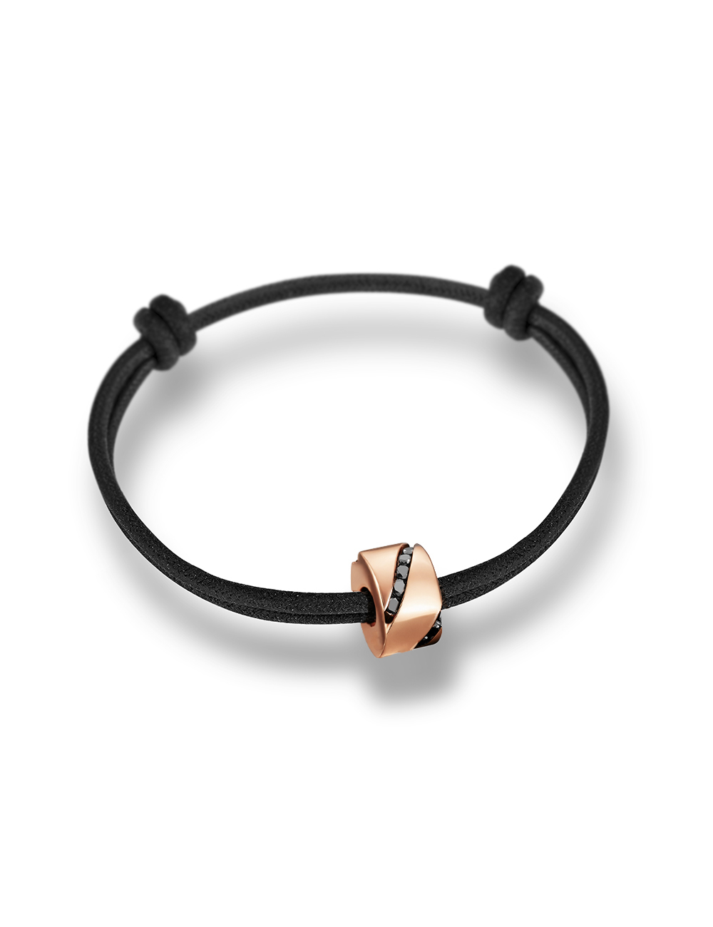 Rose gold 18k bracelet for men with black diamonds and adjustable knotted black cord.