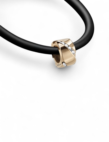 Yellow gold men’s necklace, white diamond, on black cord with 18k gold clasp.