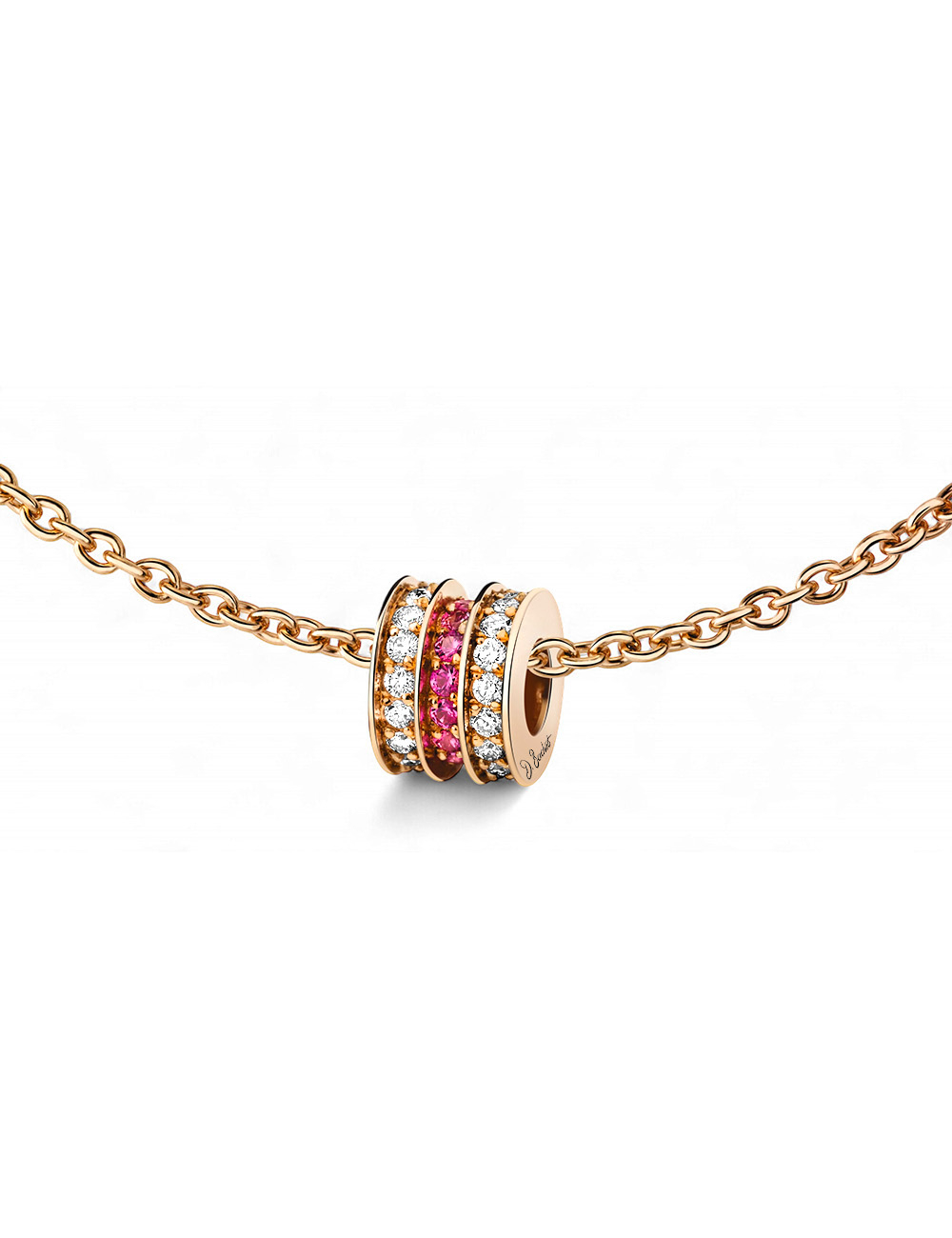 Pendentif Scroll in Love en or rose 18 carats, serti de saphirs roses lumineux et de diamants blancs éclatants, par D.Bachet.