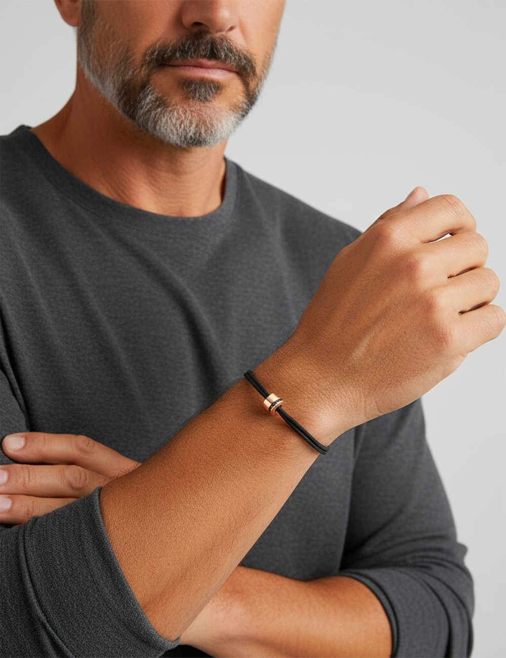 Rose gold bracelet with black diamonds for men, black adjustable cord. Timeless design.