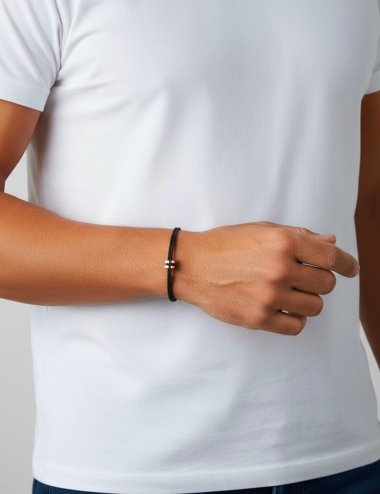 Men’s Sense of Light bracelet in rose gold with black diamonds, contemporary jewel on adjustable black cord.