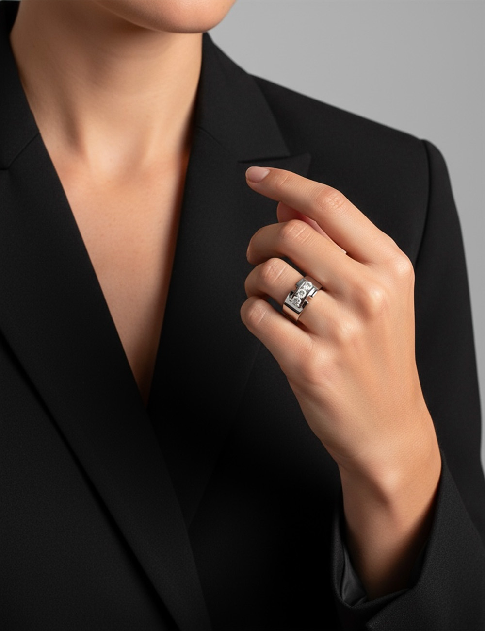 Sparkling platinum ring, 3 natural diamonds, ethically sourced, gold customization option.