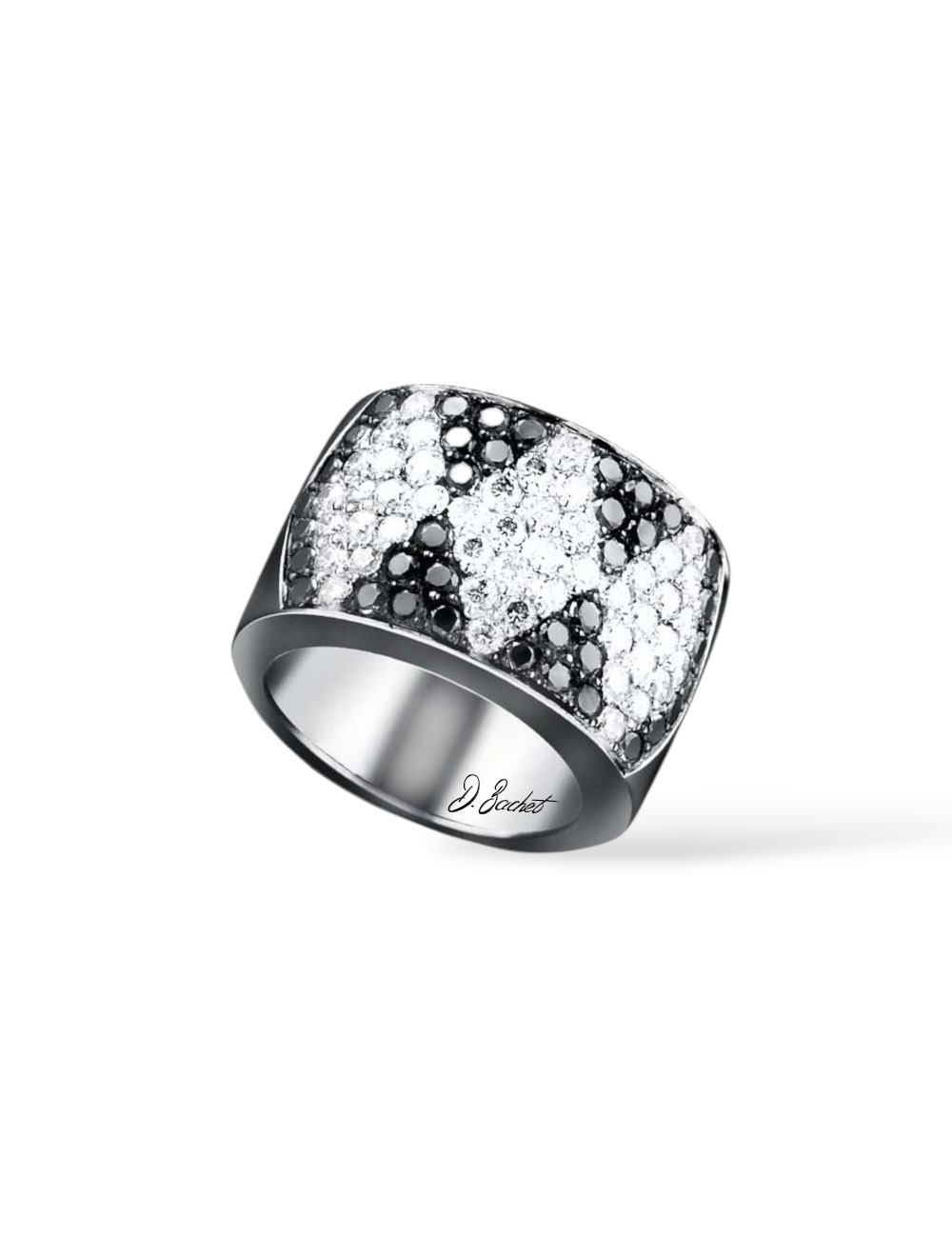 Charleston women’s ring in platinum with white and black diamond lozenges, a D.Bachet creation.