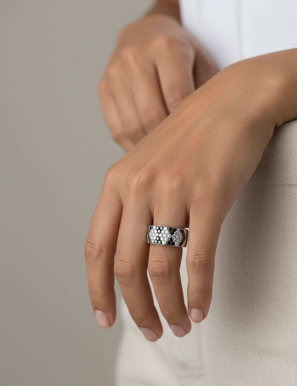 Charleston Women's Ring: Energy, Character, and Elegance - White and Black Diamond Pave.