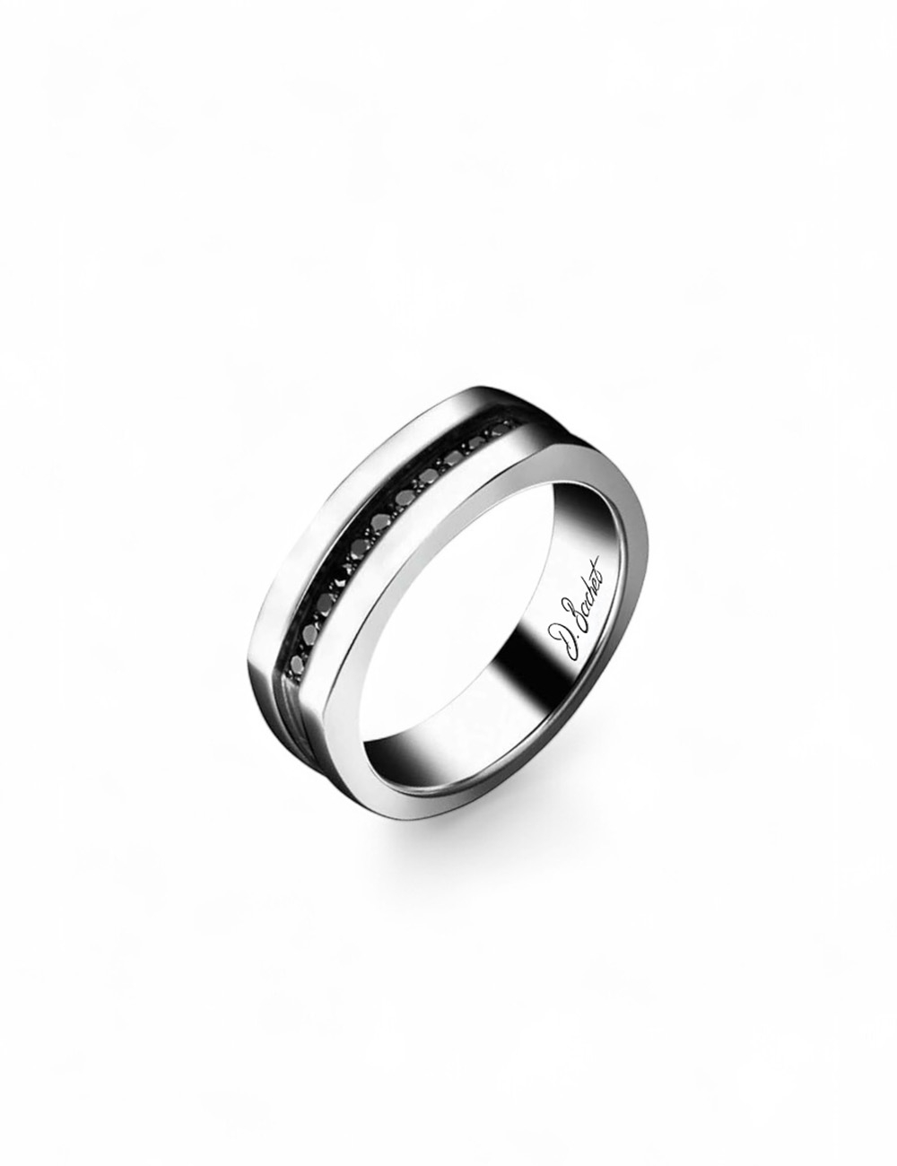 Chevalière Charmeur en platine pour homme, au design épuré serti de diamants noirs, symbole d’élégance contemporaine.