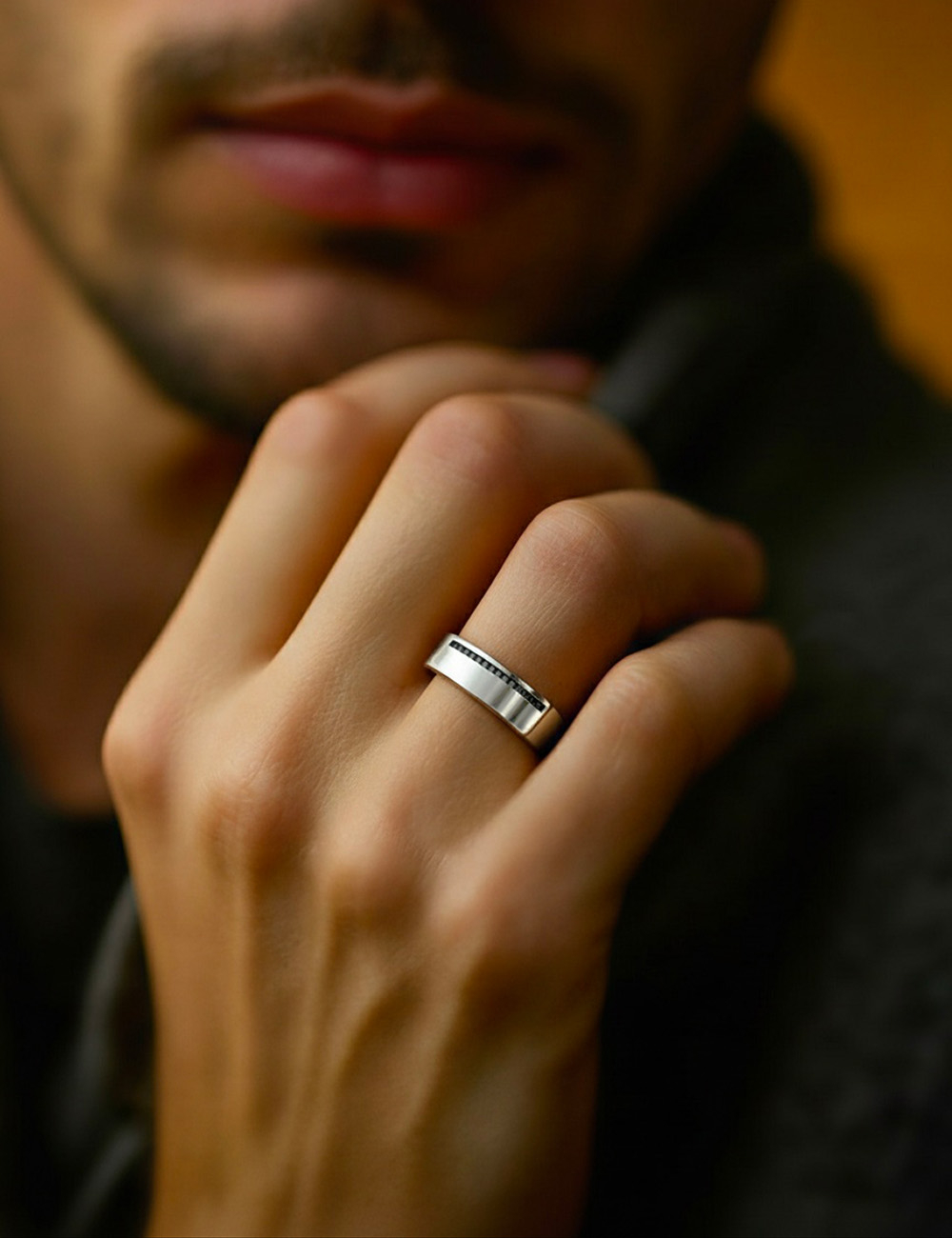 Perfect men’s platinum signet ring with black diamonds – Contemporary wedding ring by D.Bachet.