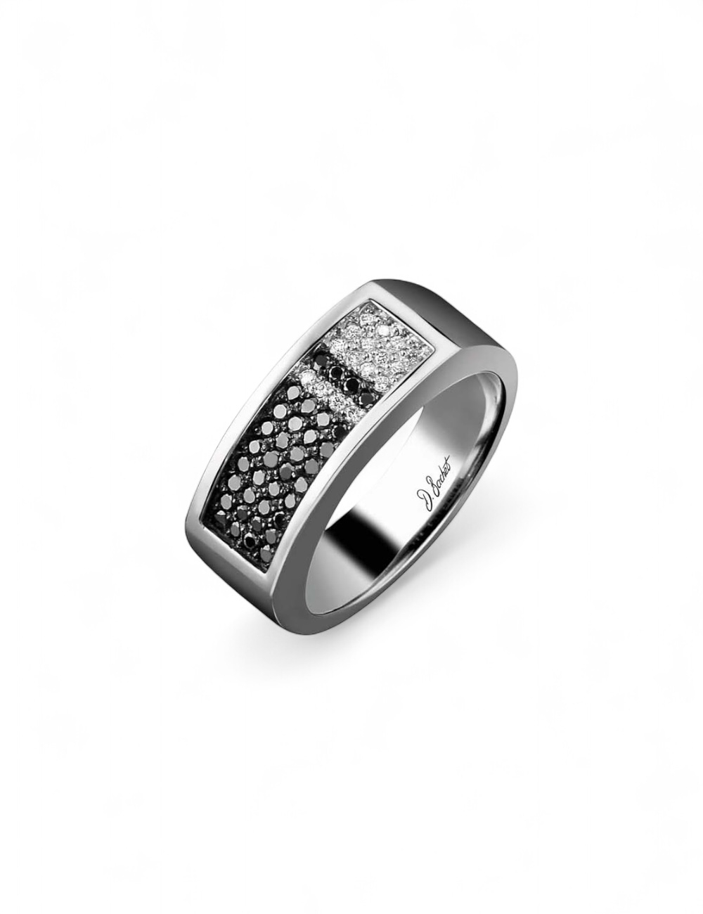 Men’s platinum signet ring Audacieux, set with white and black diamonds, a contemporary D.Bachet jewelry creation.