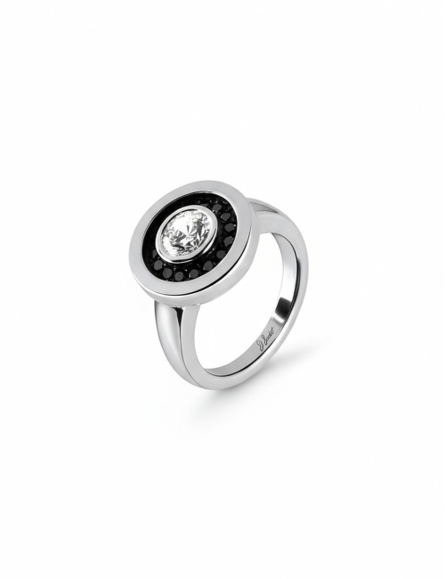 Women's platinum ring with a modern halo design, set with a central white diamond and black diamonds, by D.Bachet.