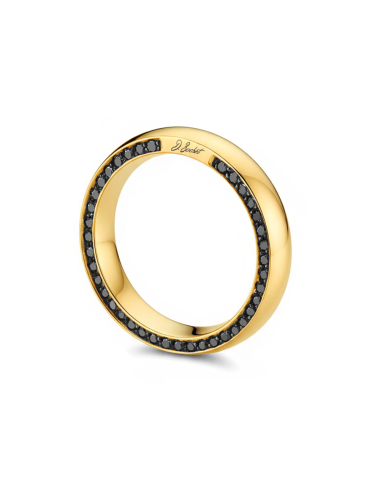 Alliance or jaune 4 mm D.Bachet, tranche sertie de diamants noirs, contraste subtil et design architectural.
