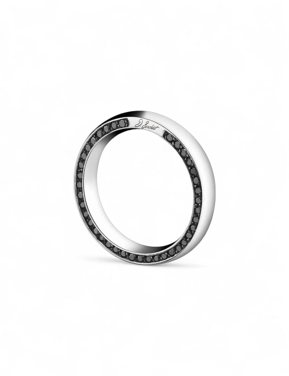 Unisex Subtile platinum ring, set with black and white diamonds on both edges of the band.
