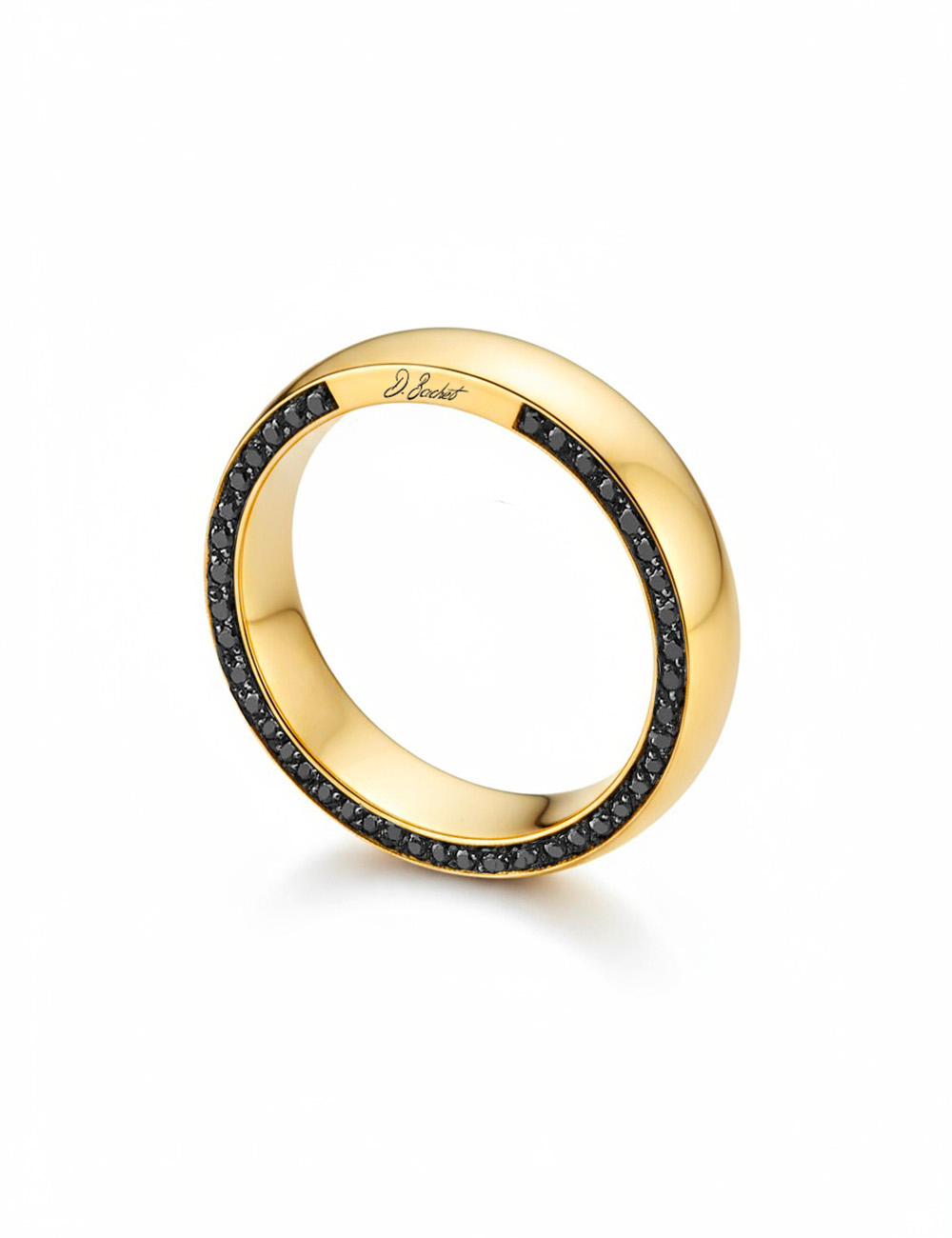 4.5 mm yellow gold unisex D.Bachet wedding band, edge set with white diamonds, subtle and sleek shine.