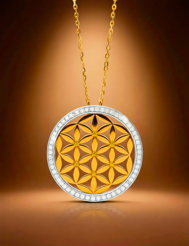 Pendentif Fleur de Vie D.Bachet en or jaune et platine serti de diamants blancs et jaunes, édition limitée Les Symboliques.