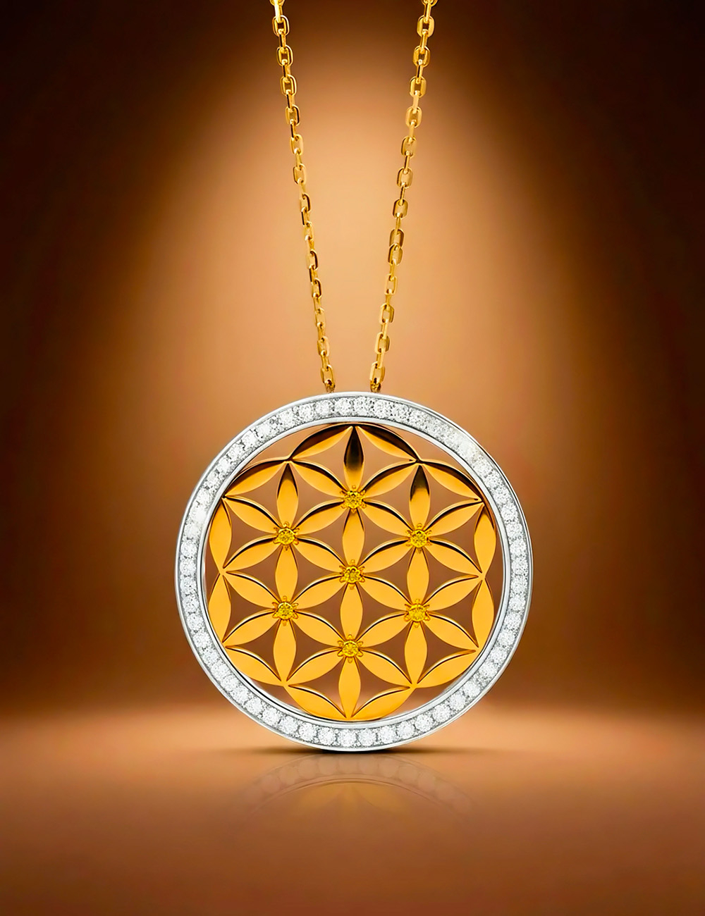 Pendentif Fleur de Vie D.Bachet en or jaune et platine serti de diamants blancs et jaunes, édition limitée Les Symboliques.