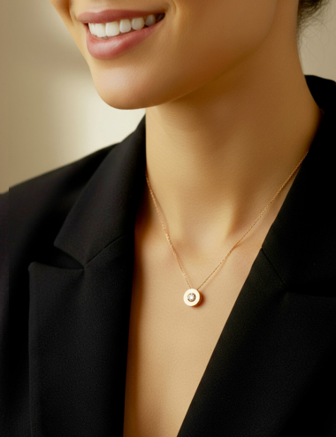 Pendentif rond en or jaune serti d’un diamant flottant, bijou de caractère D.Bachet.