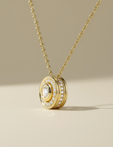Yellow gold necklace with 0.20 ct white diamond and openwork Flower of Life on the back, by D.Bachet.