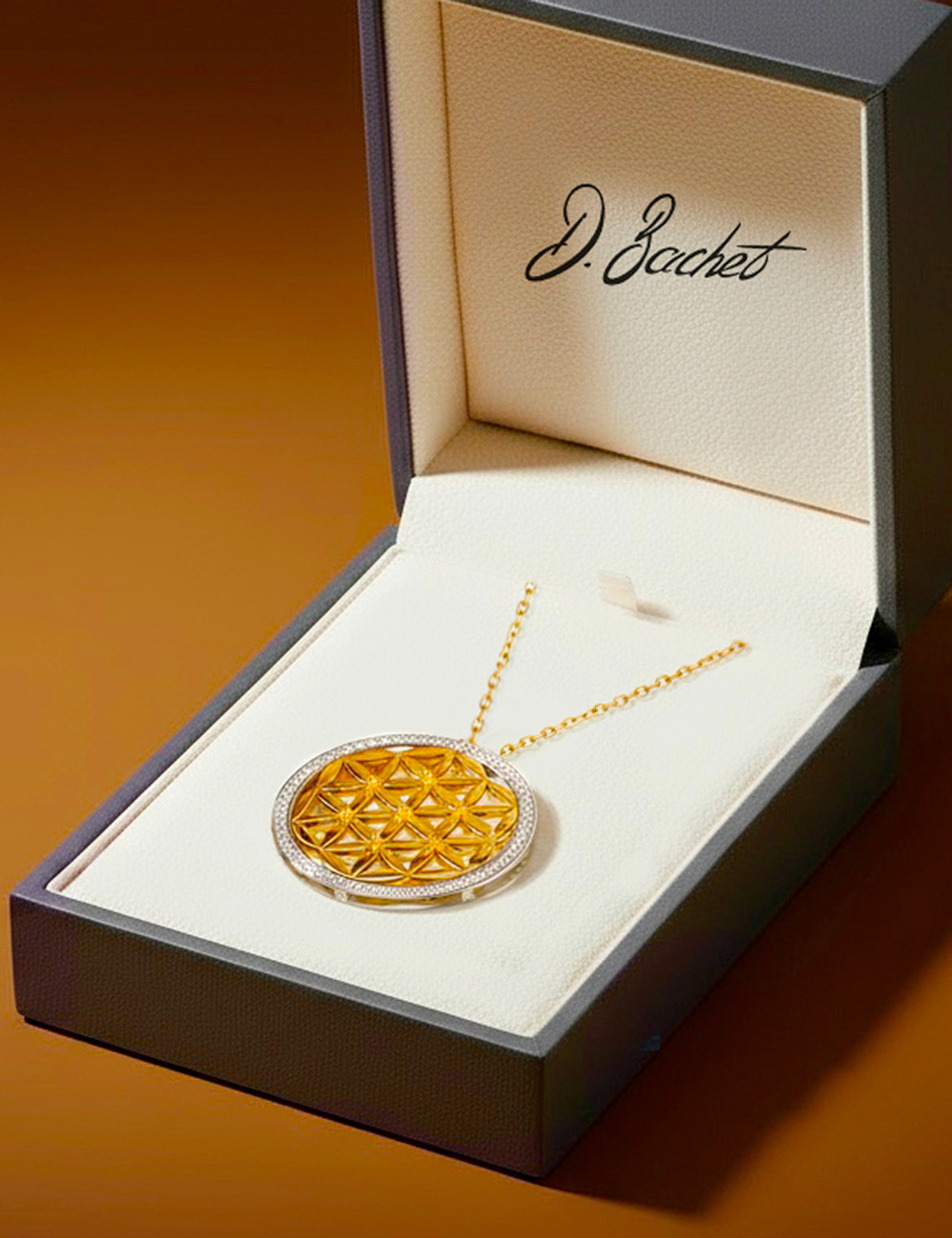 Yellow gold and platinum Flower of Life pendant by D.Bachet, openwork and set with natural white and yellow diamonds.