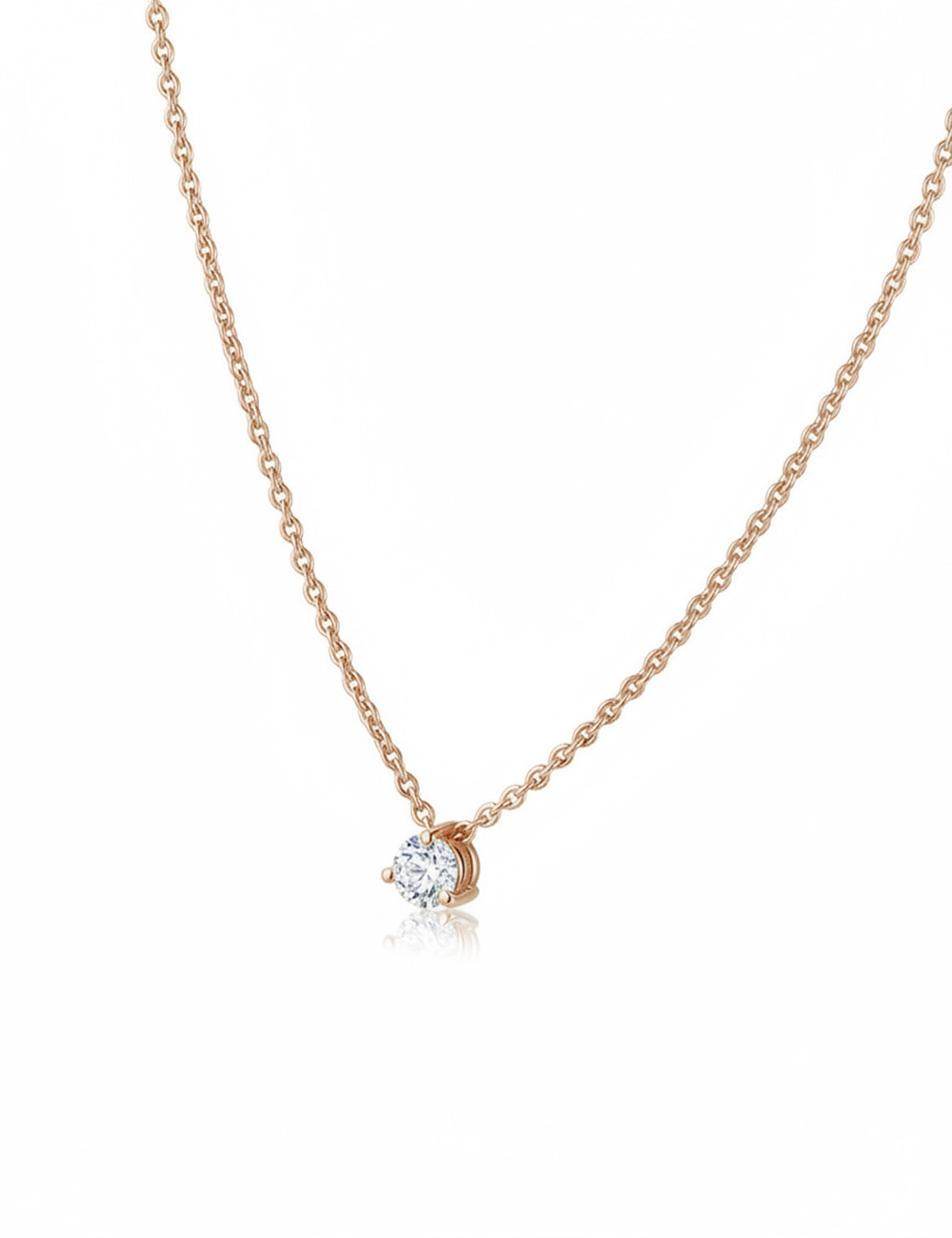 Pendentif solitaire en or rose avec diamant blanc naturel, style moderne.