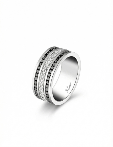 Latitude platinum wedding band with white and black diamonds, a modern architectural ring design.