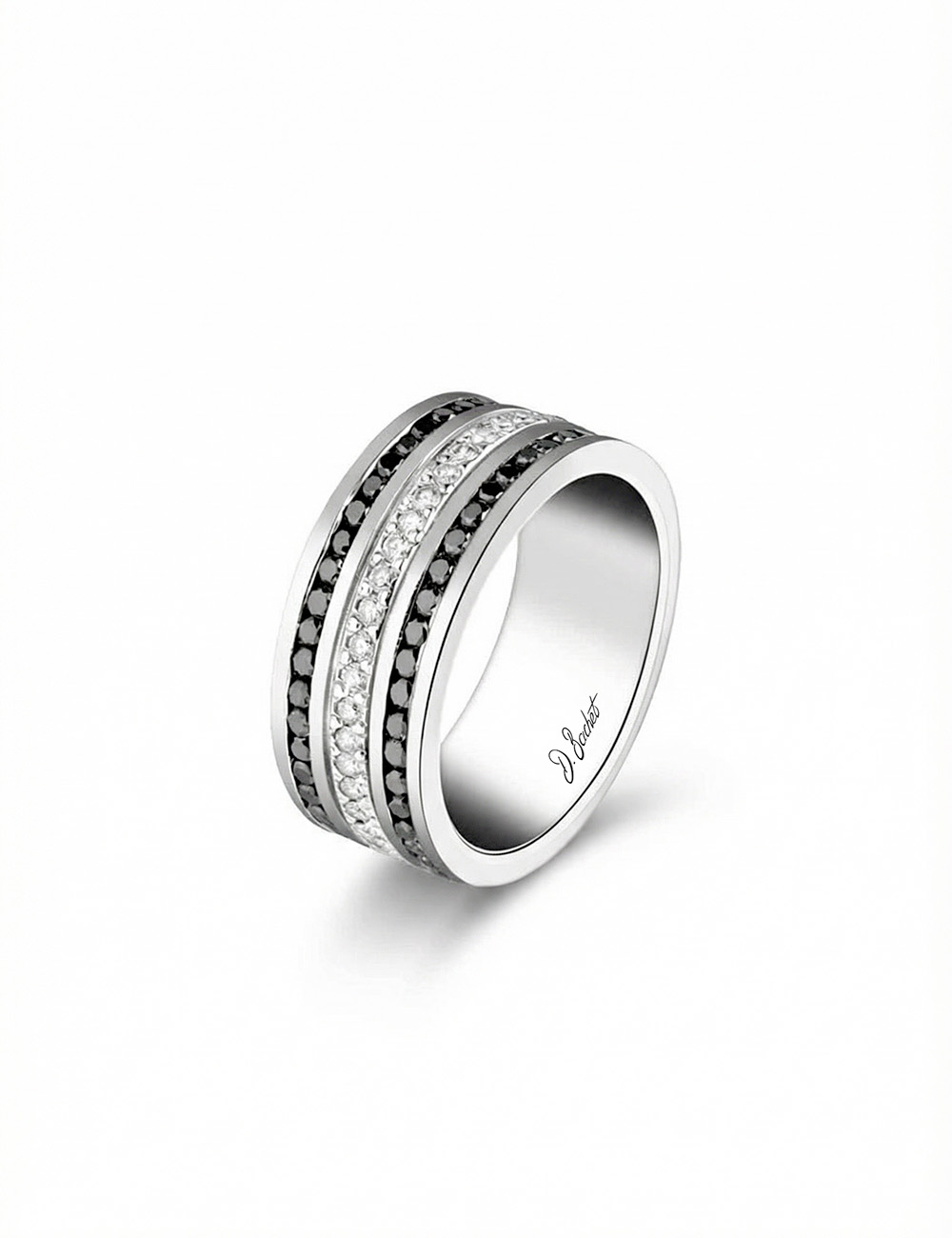 Bague Latitude en platine avec diamants noir et blanc, alliance de mariage moderne et architecturale.
