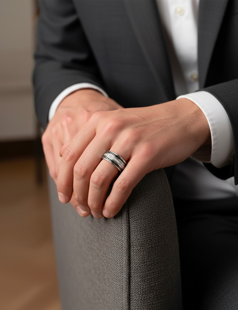 Latitude platinum wedding band with white and black diamonds, a modern architectural ring design.