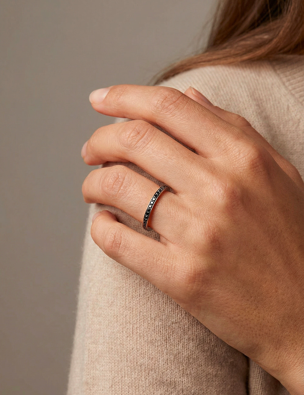 Platinum full eternity wedding band with black diamonds, luxury French fine jewelry creation.