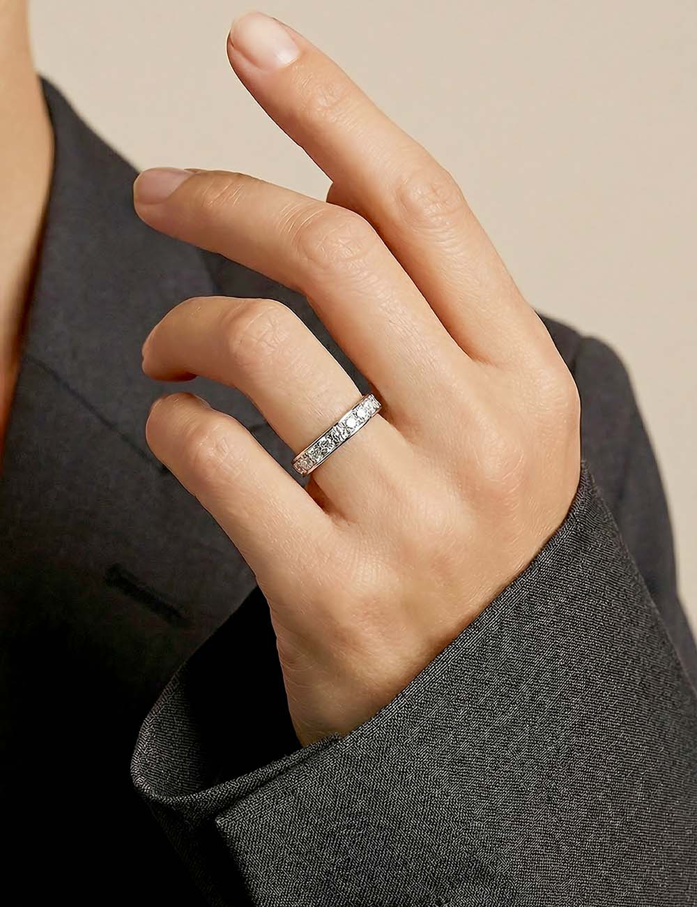 Platinum wedding band for women set with natural white diamonds.