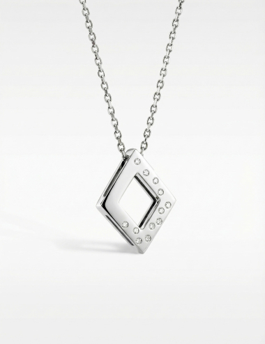 A women's pendant in a diamond shape, made of gold and adorned with white diamonds, suitable for everyday wear.