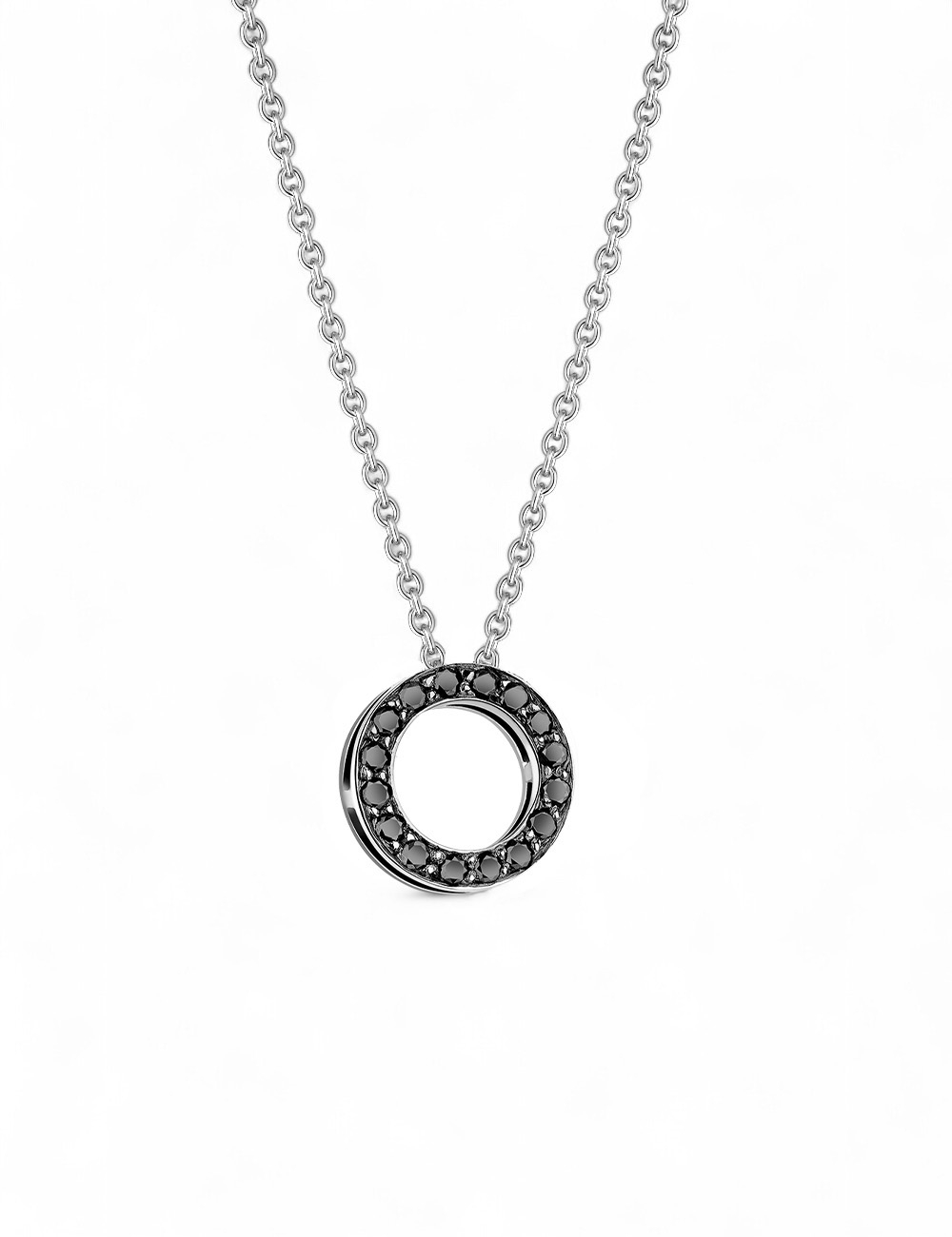 White-gold circle pendant set with black diamonds, minimalist women’s necklace.