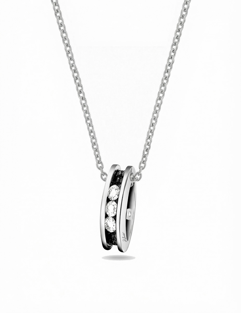 White-gold necklace with a pendant set with three natural white diamonds and black diamonds.