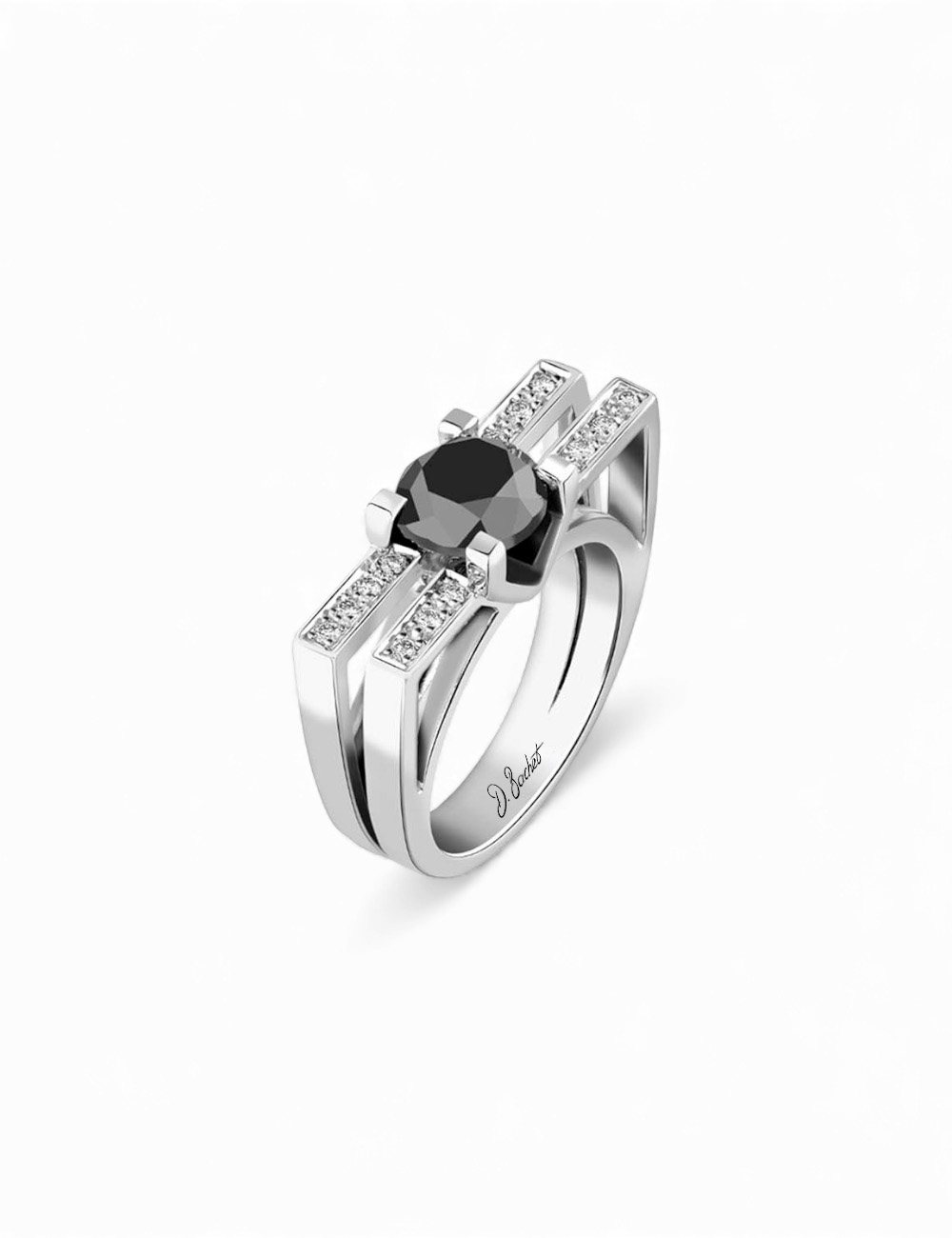 Bague femme moderne en platine avec diamant noir 2 carats et pavage de diamants blancs, au design architectural Tribeca.