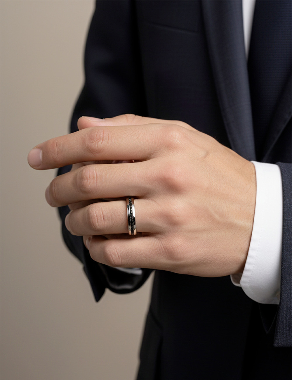Elegant and modern men's D.Bachet wedding ring in platinum with black diamonds, custom-made in France.