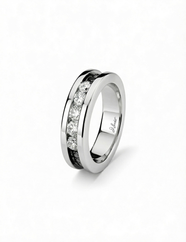 Light in Paris platinum wedding ring, French-made with white and black diamonds.