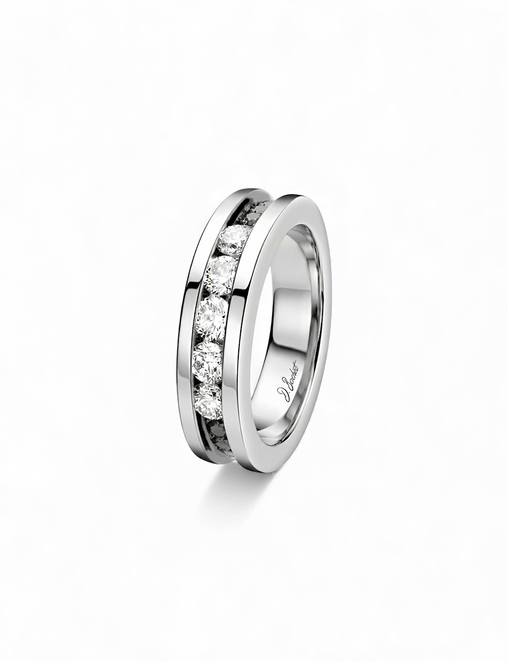 Light in Paris small platinum women’s band with white and black diamonds, thin ring with diamond line.