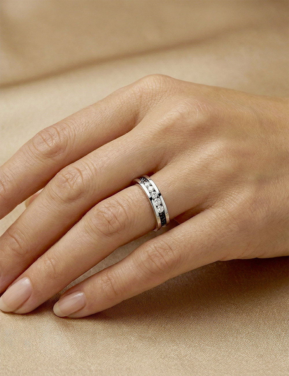 Light in Paris small platinum women’s band with white and black diamonds, thin ring with diamond line.