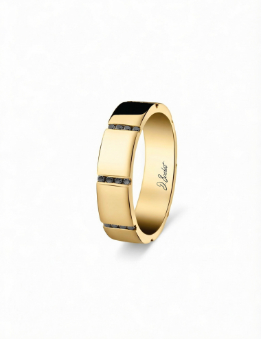 Modern men’s yellow gold wedding band 6 mm with black diamonds.