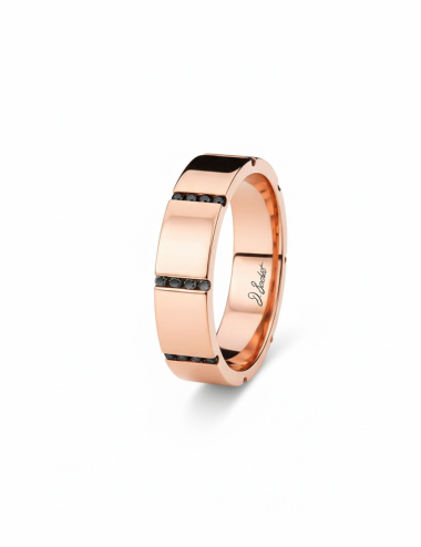 Modern men’s rose gold wedding band 6 mm with black diamonds.