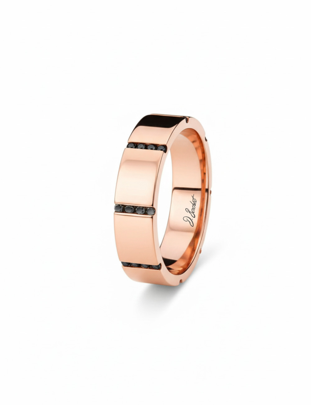 Modern men’s rose gold wedding band 6 mm with black diamonds.