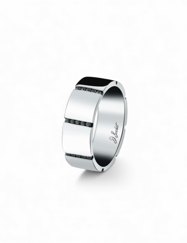 Alliance homme platine 7,5 mm avec diamants noirs, bague de mariage moderne au design graphique.